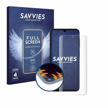 Parte frontal de un envase de producto con el logotipo de la marca Savvies. Al lado se muestra el dispositivo Samsung Galaxy A