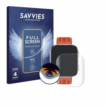 Parte frontal de un envase de producto con el logotipo de la marca Savvies. Al lado se muestra el dispositivo Huami Amazfit Bi
