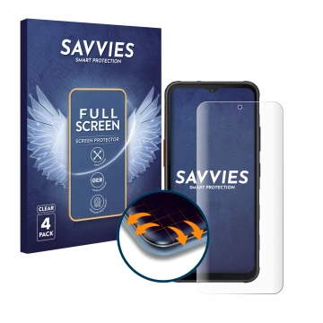 Parte frontal de un envase de producto con el logotipo de la marca Savvies. Al lado se muestra el dispositivo Samsung Galaxy X