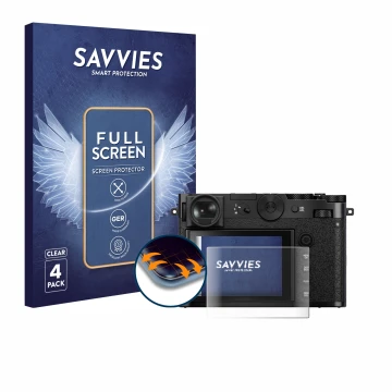 Parte frontal de un envase de producto con el logotipo de la marca Savvies. Al lado se muestra el dispositivo Fujifilm GFX 100