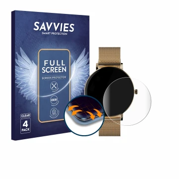 Parte frontal de un envase de producto con el logotipo de la marca Savvies. Al lado se muestra el dispositivo ZenWatch Venice 