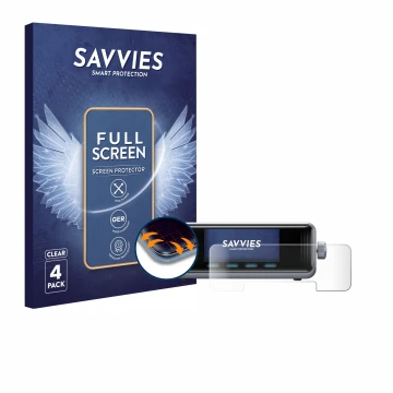 Parte frontal de un envase de producto con el logotipo de la marca Savvies. Al lado se muestra el dispositivo Anker Prime 250 