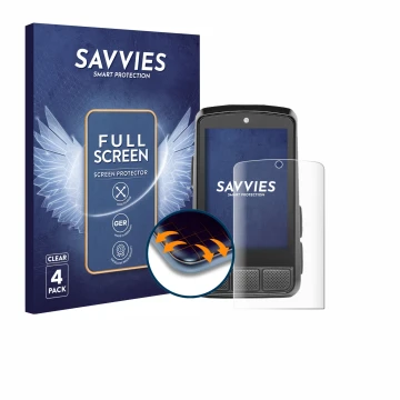 Parte frontal de un envase de producto con el logotipo de la marca Savvies. Al lado se muestra el dispositivo Wahoo Elemnt Bol