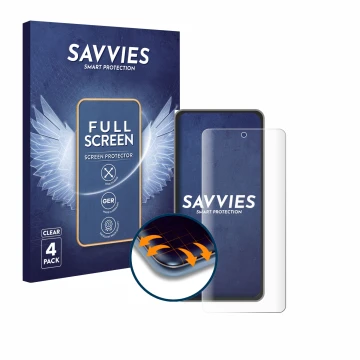 Parte frontal de un envase de producto con el logotipo de la marca Savvies. Al lado se muestra el dispositivo realme GT 7T con