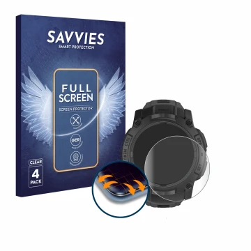 Parte frontal de un envase de producto con el logotipo de la marca Savvies. Al lado se muestra el dispositivo Garmin Instinct 