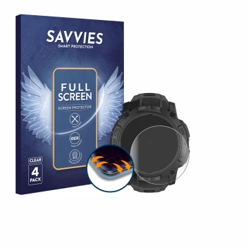 Parte frontal de un envase de producto con el logotipo de la marca Savvies. Al lado se muestra el dispositivo Garmin Instinct 