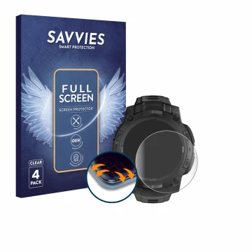 Parte frontal de un envase de producto con el logotipo de la marca Savvies. Al lado se muestra el dispositivo Garmin Instinct 