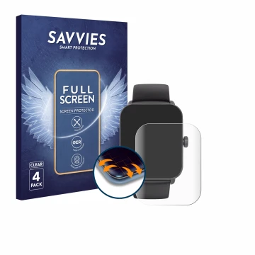 Parte frontal de un envase de producto con el logotipo de la marca Savvies. Al lado se muestra el dispositivo Hama Smartwatch 