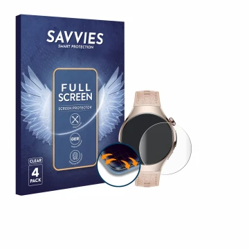 Parte frontal de un envase de producto con el logotipo de la marca Savvies. Al lado se muestra el dispositivo Huawei Watch 5 (