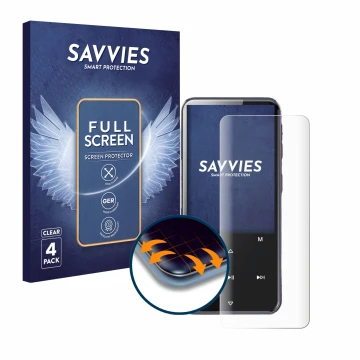 Parte frontal de un envase de producto con el logotipo de la marca Savvies. Al lado se muestra el dispositivo AGPtek M3 con su