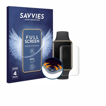 Parte frontal de un envase de producto con el logotipo de la marca Savvies. Al lado se muestra el dispositivo Honor Band 10 co