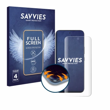 Parte frontal de un envase de producto con el logotipo de la marca Savvies. Al lado se muestra el dispositivo Infinix GT 30 Pr