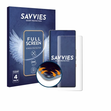 Parte frontal de un envase de producto con el logotipo de la marca Savvies. Al lado se muestra el dispositivo ZTE Nubia Red Ma