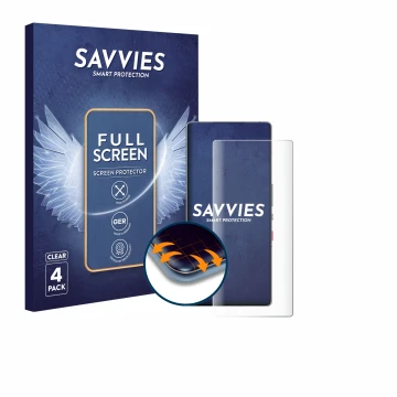 Parte frontal de un envase de producto con el logotipo de la marca Savvies. Al lado se muestra el dispositivo ZTE Nubia Red Ma