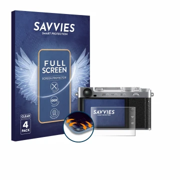 Parte frontal de un envase de producto con el logotipo de la marca Savvies. Al lado se muestra el dispositivo Fujifilm X-E5 co