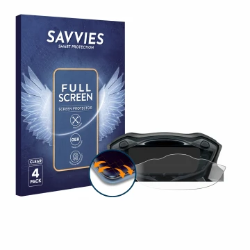 Parte frontal de un envase de producto con el logotipo de la marca Savvies. Al lado se muestra el dispositivo Suzuki SV 650 20