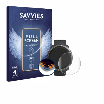 Parte frontal de un envase de producto con el logotipo de la marca Savvies. Al lado se muestra el dispositivo Polar Grit X2 co