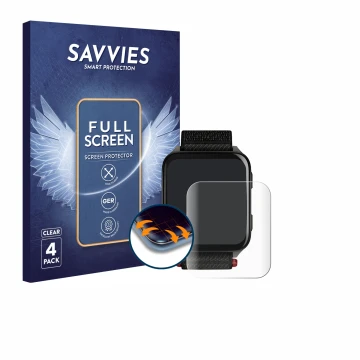 Parte frontal de un envase de producto con el logotipo de la marca Savvies. Al lado se muestra el dispositivo Garmin Venu X1 c