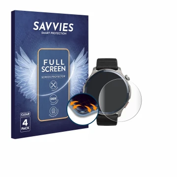 Parte frontal de un envase de producto con el logotipo de la marca Savvies. Al lado se muestra el dispositivo Huami Amazfit Ba
