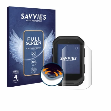 Parte frontal de un envase de producto con el logotipo de la marca Savvies. Al lado se muestra el dispositivo Garmin Edge MTB 