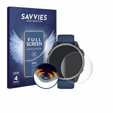 Parte frontal de un envase de producto con el logotipo de la marca Savvies. Al lado se muestra el dispositivo Garmin quatix 8 