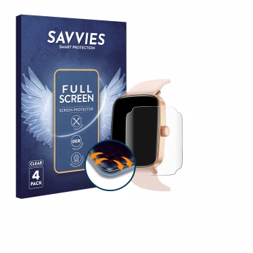 Parte frontal de un envase de producto con el logotipo de la marca Savvies. Al lado se muestra el dispositivo Yoever Smartwatc