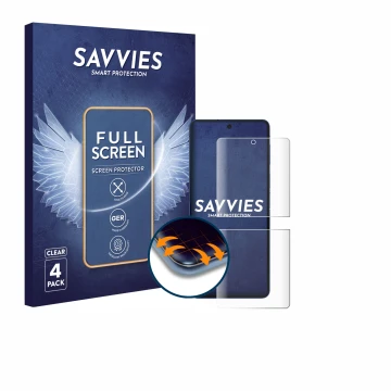 Parte frontal de un envase de producto con el logotipo de la marca Savvies. Al lado se muestra el dispositivo Samsung Galaxy Z