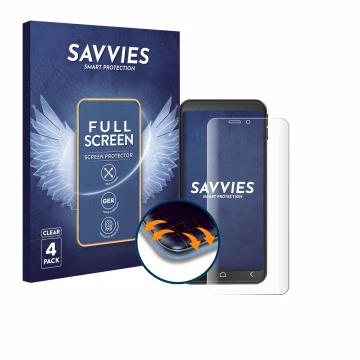 Parte frontal de un envase de producto con el logotipo de la marca Savvies. Al lado se muestra el dispositivo Emporia Smart 7 