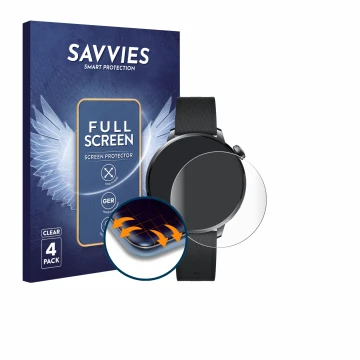 Parte frontal de un envase de producto con el logotipo de la marca Savvies. Al lado se muestra el dispositivo OnePlus Watch 3 