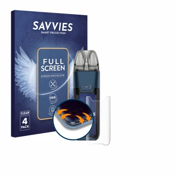Parte frontal de un envase de producto con el logotipo de la marca Savvies. Al lado se muestra el dispositivo Vaporesso Luxe X
