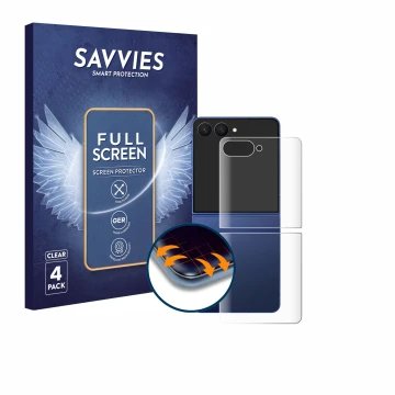 Parte frontal de un envase de producto con el logotipo de la marca Savvies. Al lado se muestra el dispositivo Samsung Galaxy Z