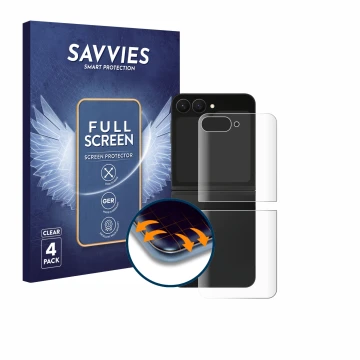 Parte frontal de un envase de producto con el logotipo de la marca Savvies. Al lado se muestra el dispositivo Samsung Galaxy Z
