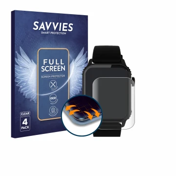 Parte frontal de un envase de producto con el logotipo de la marca Savvies. Al lado se muestra el dispositivo TRAUSI TG08 1.83