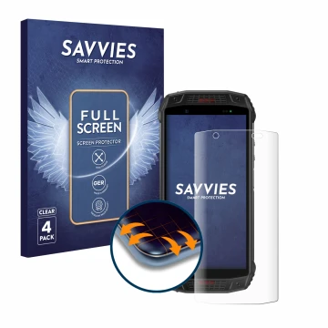 Parte frontal de un envase de producto con el logotipo de la marca Savvies. Al lado se muestra el dispositivo Ulefone Armor 15