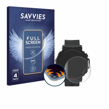 Parte frontal de un envase de producto con el logotipo de la marca Savvies. Al lado se muestra el dispositivo Crivit Sport-Sma