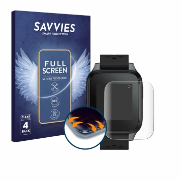 Parte frontal de un envase de producto con el logotipo de la marca Savvies. Al lado se muestra el dispositivo TCL Family Watch