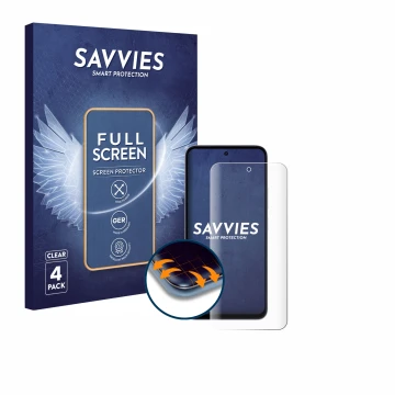 Parte frontal de un envase de producto con el logotipo de la marca Savvies. Al lado se muestra el dispositivo Xiaomi Redmi 15 