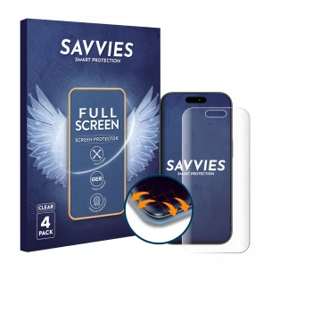 Parte frontal de un envase de producto con el logotipo de la marca Savvies. Al lado se muestra el dispositivo Apple iPhone 17 