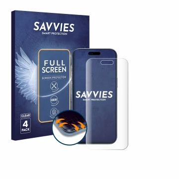 Parte frontal de un envase de producto con el logotipo de la marca Savvies. Al lado se muestra el dispositivo Apple iPhone Air