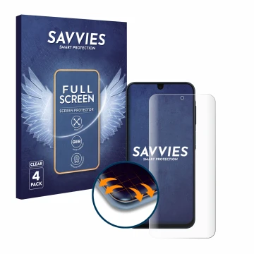 Parte frontal de un envase de producto con el logotipo de la marca Savvies. Al lado se muestra el dispositivo Samsung Galaxy A