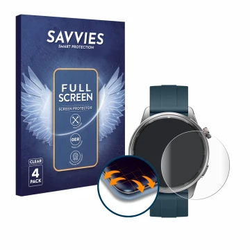 Parte frontal de un envase de producto con el logotipo de la marca Savvies. Al lado se muestra el dispositivo realme Watch S2 
