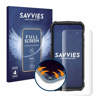 Parte frontal de un envase de producto con el logotipo de la marca Savvies. Al lado se muestra el dispositivo Ulefone Armor 29