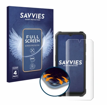 Parte frontal de un envase de producto con el logotipo de la marca Savvies. Al lado se muestra el dispositivo Blackview BV4800