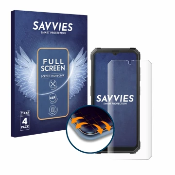 Parte frontal de un envase de producto con el logotipo de la marca Savvies. Al lado se muestra el dispositivo Blackview BV4800