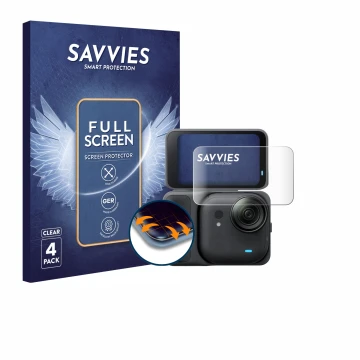 Parte frontal de un envase de producto con el logotipo de la marca Savvies. Al lado se muestra el dispositivo Insta360 Go Ultr