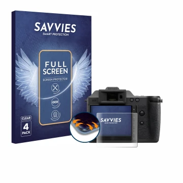Parte frontal de un envase de producto con el logotipo de la marca Savvies. Al lado se muestra el dispositivo Hasselblad X2D I