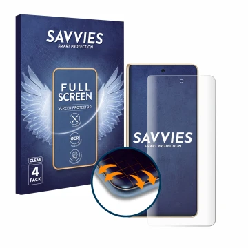Parte frontal de un envase de producto con el logotipo de la marca Savvies. Al lado se muestra el dispositivo Honor Magic V5 c