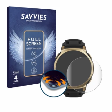 Parte frontal de un envase de producto con el logotipo de la marca Savvies. Al lado se muestra el dispositivo Huami Amazfit T-