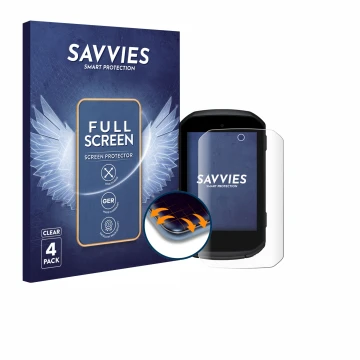 Parte frontal de un envase de producto con el logotipo de la marca Savvies. Al lado se muestra el dispositivo Garmin Edge 550 