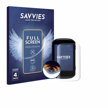 Parte frontal de un envase de producto con el logotipo de la marca Savvies. Al lado se muestra el dispositivo Garmin Edge 850 